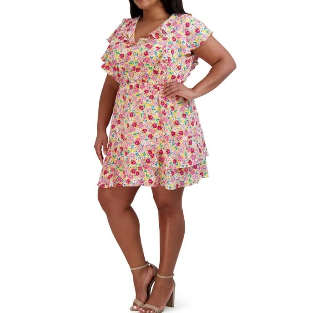 Womens BCBG Paris Flower Print Ruffle Chiffon Dress